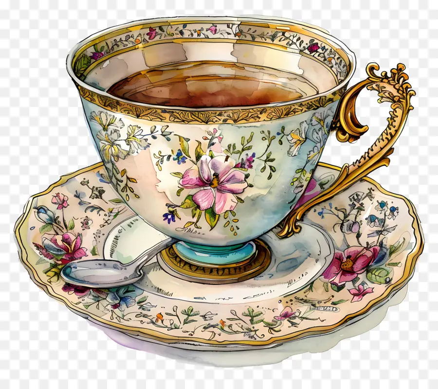 كأس الشاي，كوب الشاي القديم والصحون PNG