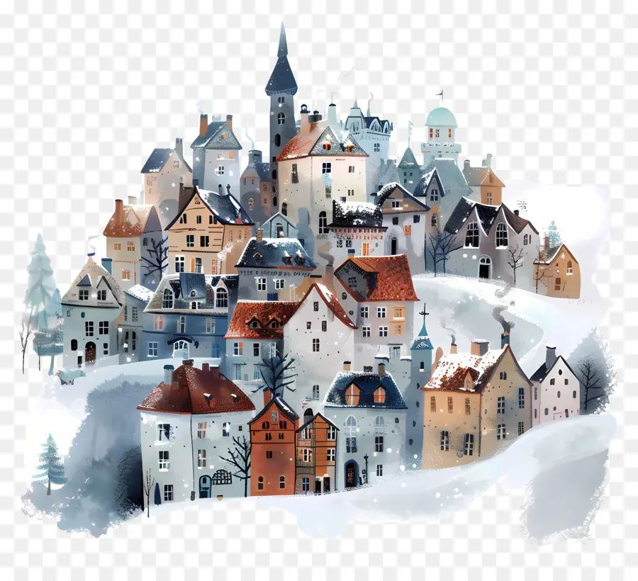 المدينة في فصل الشتاء，الرسم بالألوان المائية PNG