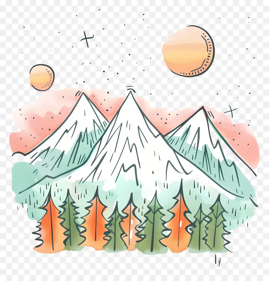 الجبال，الرسم بالألوان المائية PNG