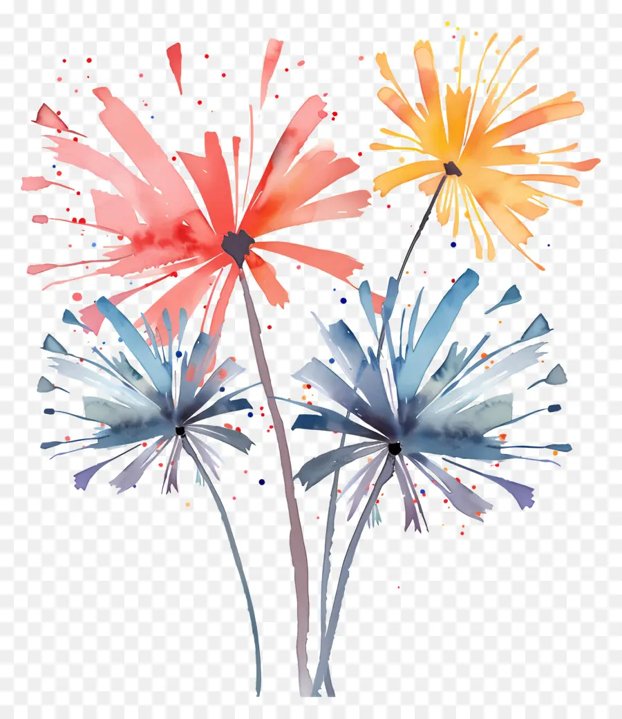 الألعاب النارية，الزهور بالألوان المائية PNG