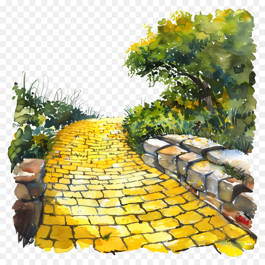 الطريق الطوب الأصفر，الرسم بالألوان المائية PNG