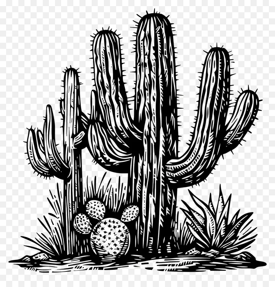 Linocut Cacti，الصبار PNG