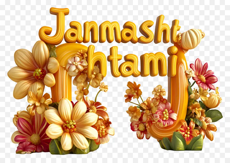 Janmashtami，نص Janmashtami مع الزهور PNG