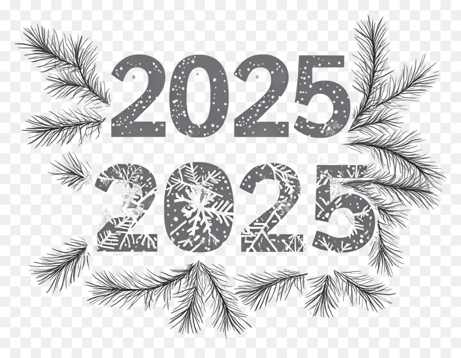 2025 رأس السنة，2025 مع فروع الصنوبر PNG